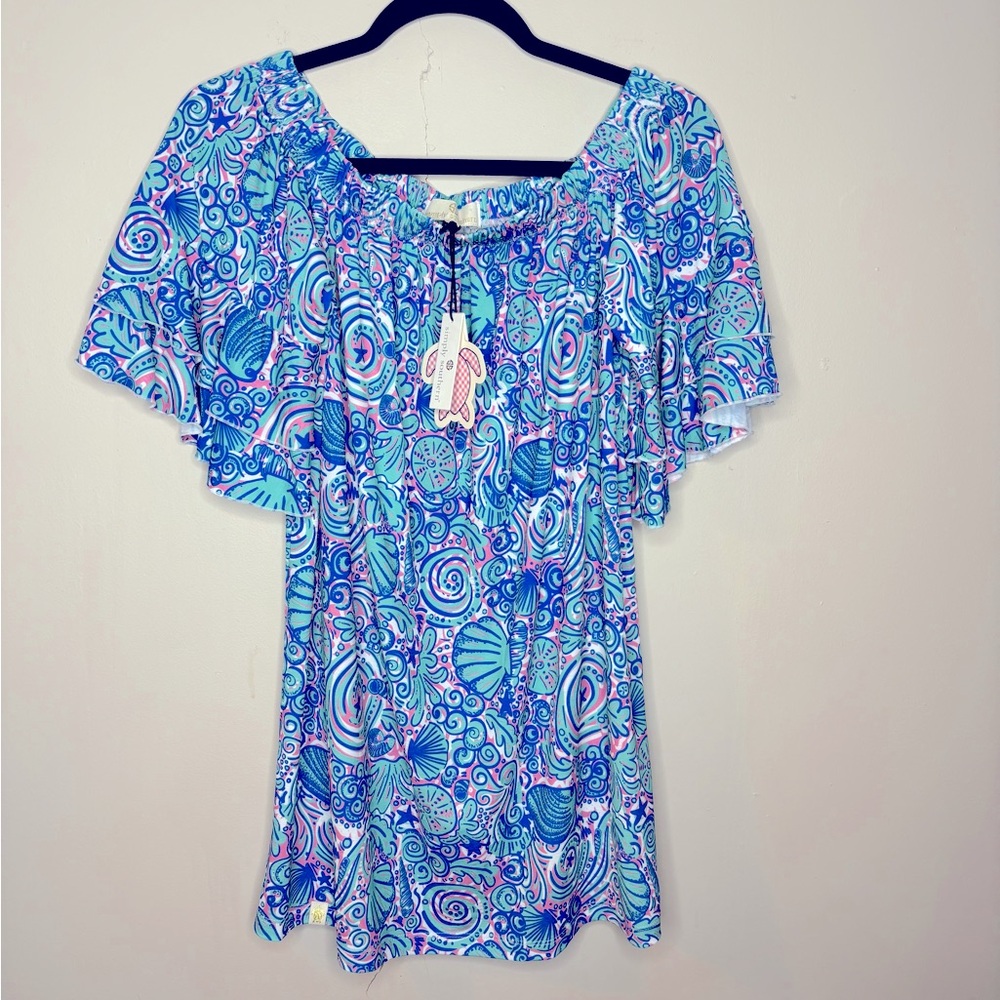Simply Southern women’s  Blue and Pink Patterned floral NWT ruffled sleeve XL